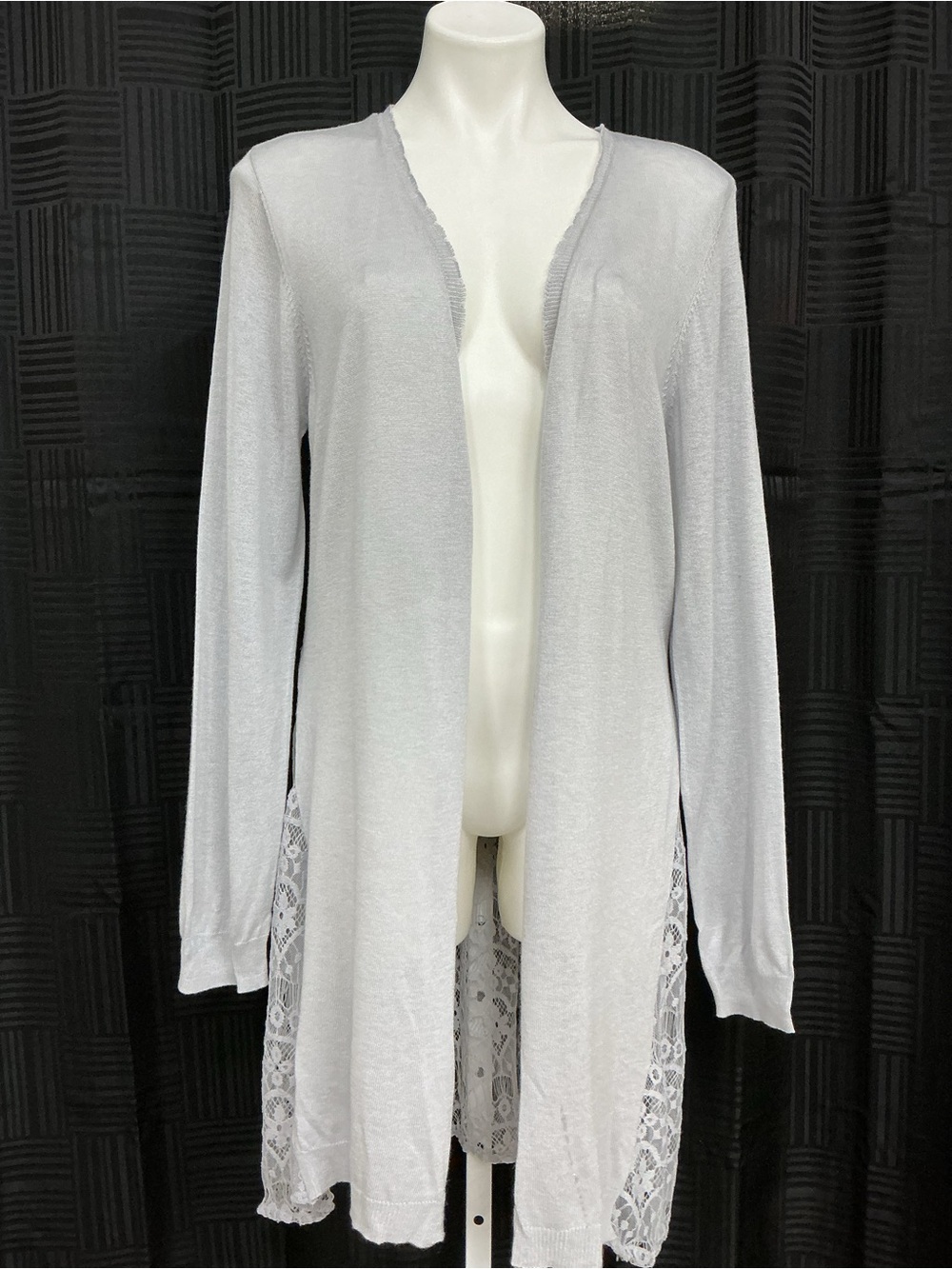 Women's Open-Front Pale Gray Crochet Knit Cardigan Sweater